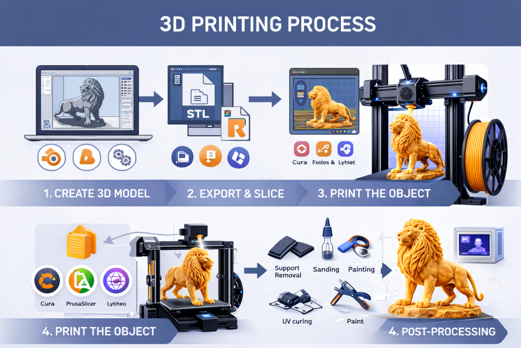 Close-up of 3D printer printing tiger statue using green PLA filament on build plate