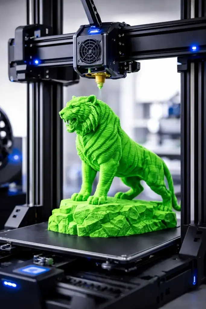 3D printer printing detailed tiger sculpture using bright green filament with visible layer lines and extruder nozzle